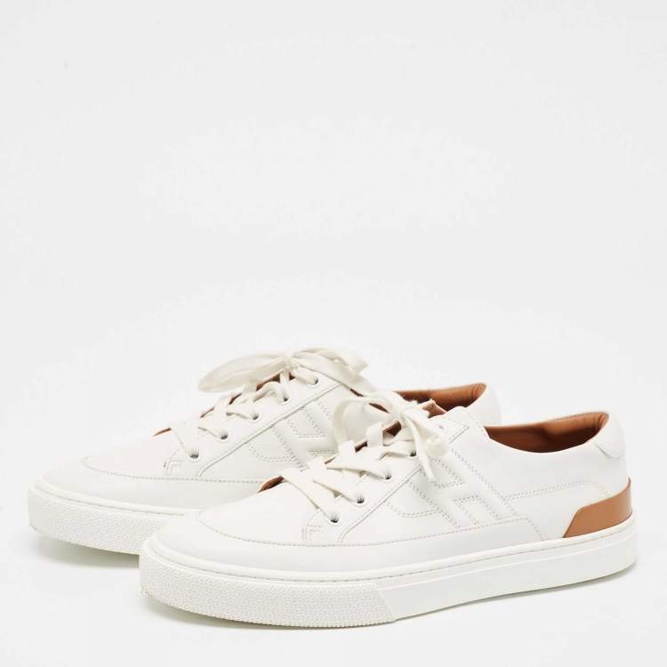 Pre Owned Hermes White/Brown Leather Deep Low Top Sneakers Size 41          