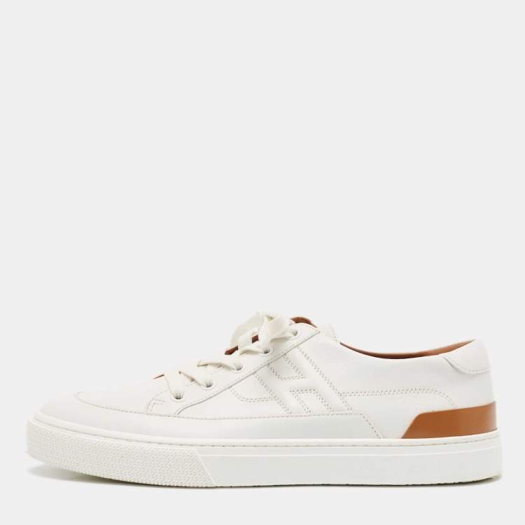 Pre Owned Hermes White/Brown Leather Deep Low Top Sneakers Size 41          