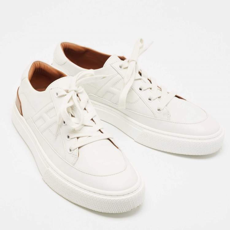 Pre Owned Hermes White/Brown Leather Deep Low Top Sneakers Size 41          