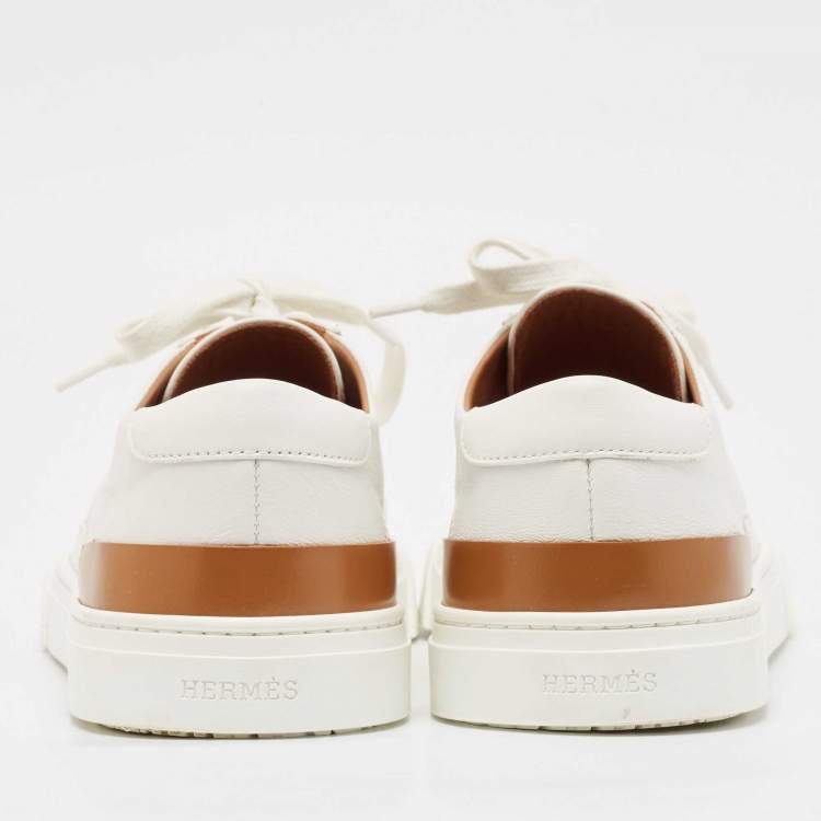 Pre Owned Hermes White/Brown Leather Deep Low Top Sneakers Size 41          