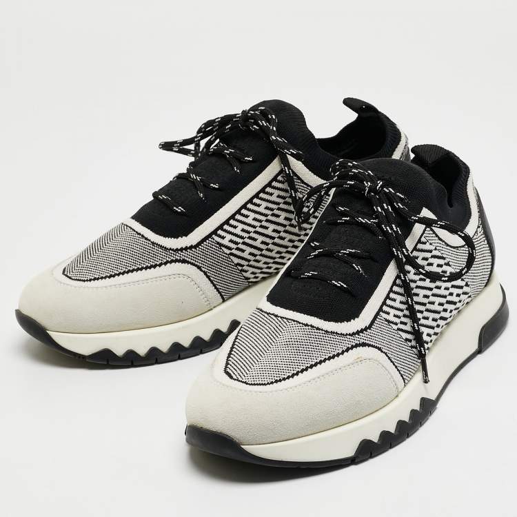 Pre Owned Hermes Grey/Black Knit Fabric and Suede C-addict Lace Up Sneakers Size 37.5