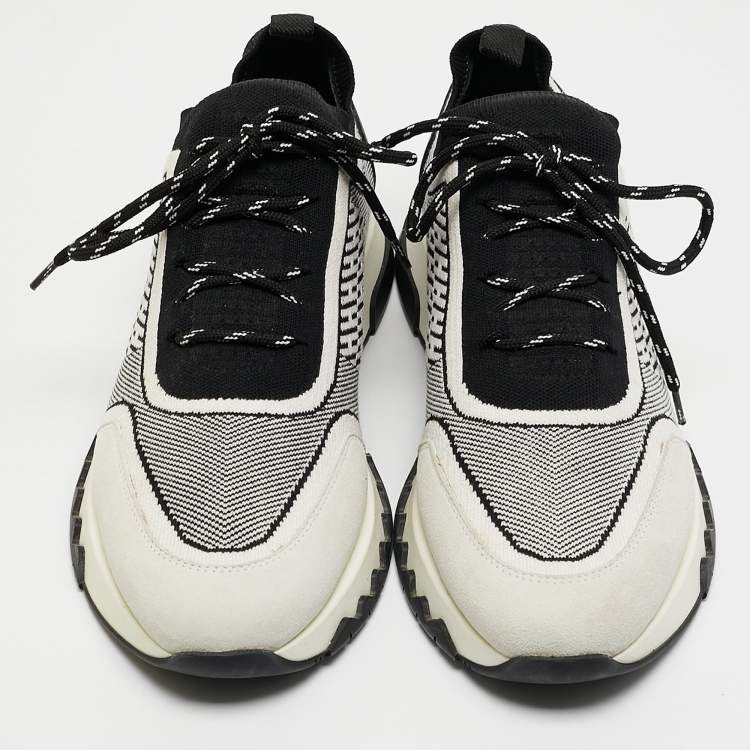 Pre Owned Hermes Grey/Black Knit Fabric and Suede C-addict Lace Up Sneakers Size 37.5