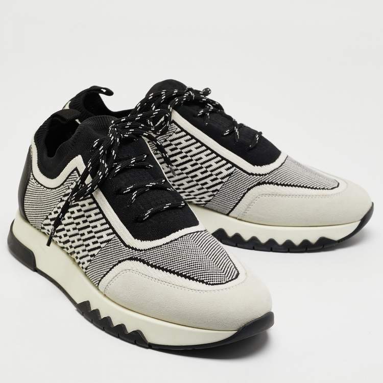 Pre Owned Hermes Grey/Black Knit Fabric and Suede C-addict Lace Up Sneakers Size 37.5