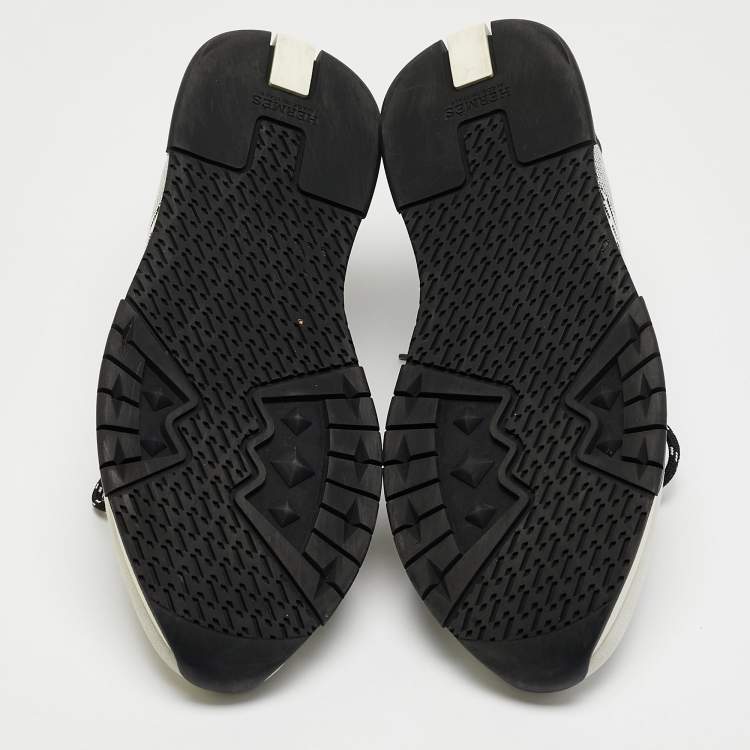 Pre Owned Hermes Grey/Black Knit Fabric and Suede C-addict Lace Up Sneakers Size 37.5