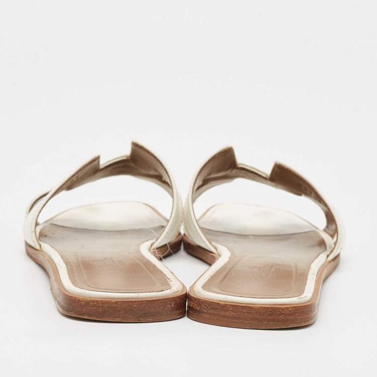 Pre Owned Hermes White Leather Oran Flat Slides Size 39 