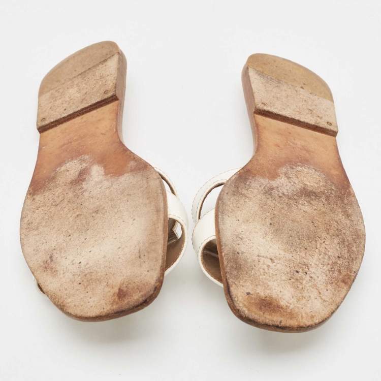 Pre Owned Hermes White Leather Oran Flat Slides Size 39 