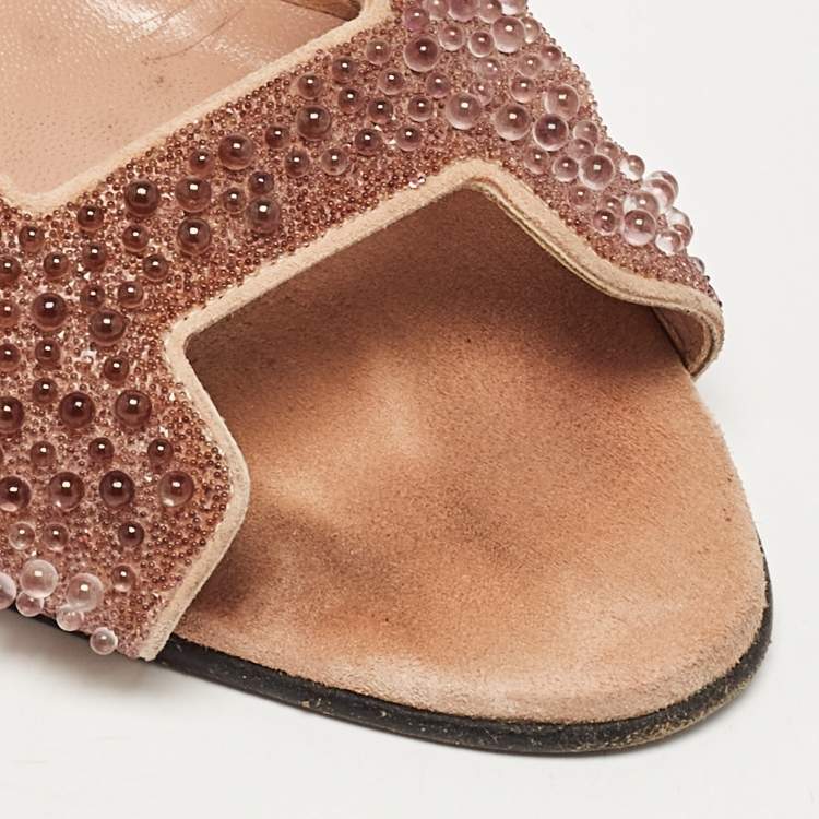 Pre Owned Hermes Beige Suede Embellished Premiere 70 Ankle Strap Sandals 40 