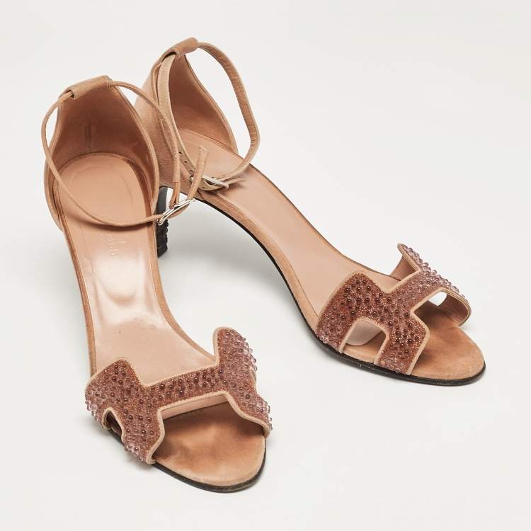 Pre Owned Hermes Beige Suede Embellished Premiere 70 Ankle Strap Sandals 40 