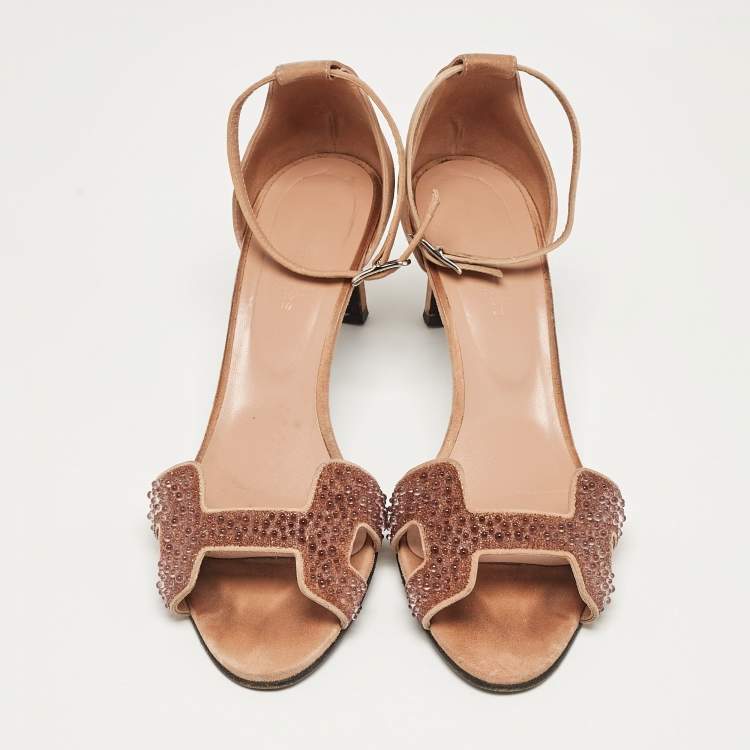 Pre Owned Hermes Beige Suede Embellished Premiere 70 Ankle Strap Sandals 40 