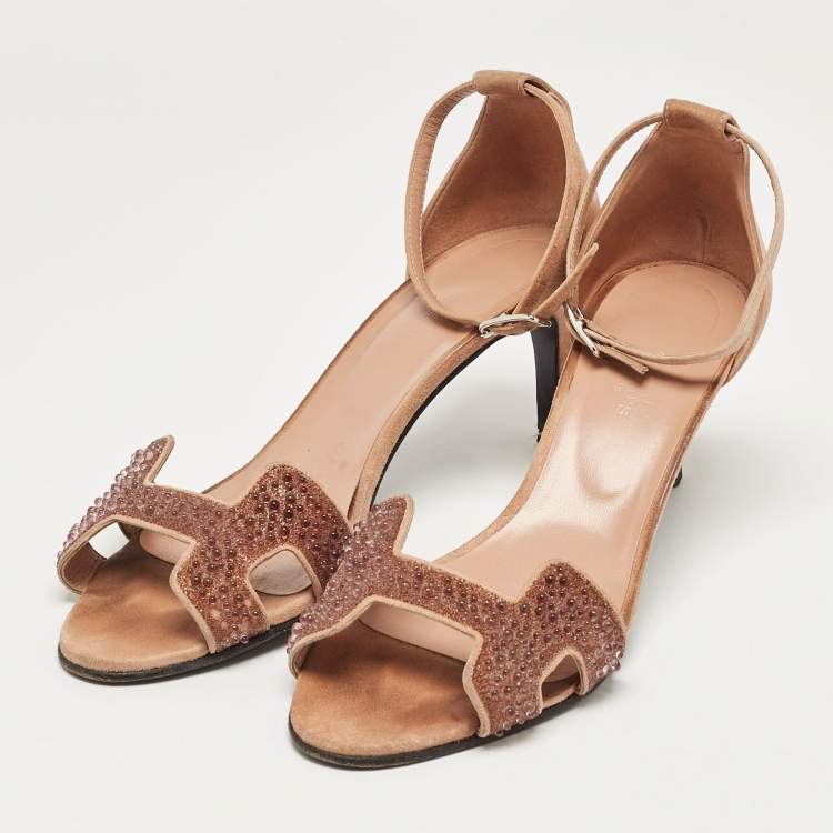 Pre Owned Hermes Beige Suede Embellished Premiere 70 Ankle Strap Sandals 40 