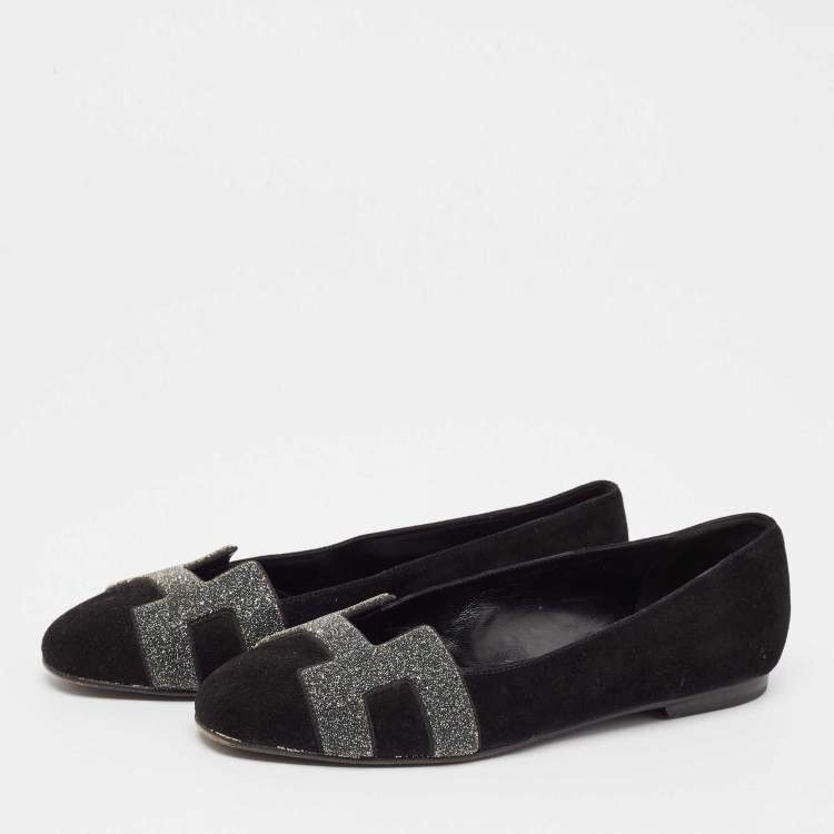 Pre Owned Hermes Black Suede and Crystal Nice Ballet Flats Size 37