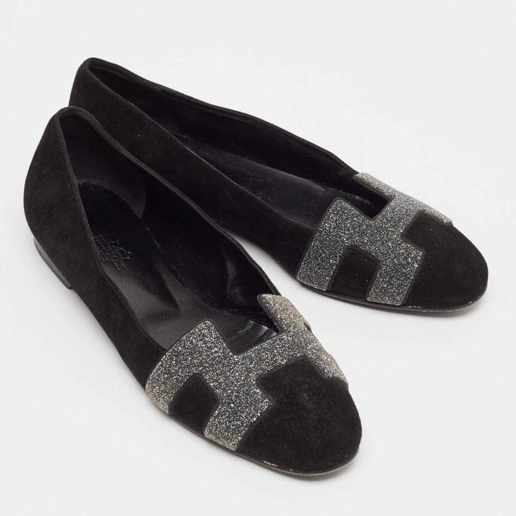 Pre Owned Hermes Black Suede and Crystal Nice Ballet Flats Size 37