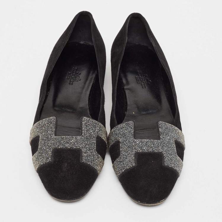 Pre Owned Hermes Black Suede and Crystal Nice Ballet Flats Size 37