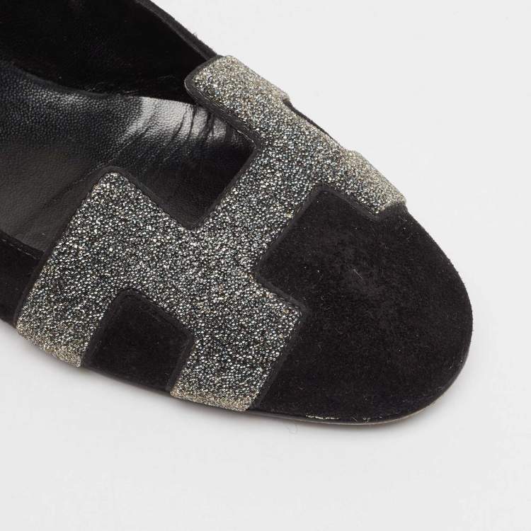 Pre Owned Hermes Black Suede and Crystal Nice Ballet Flats Size 37