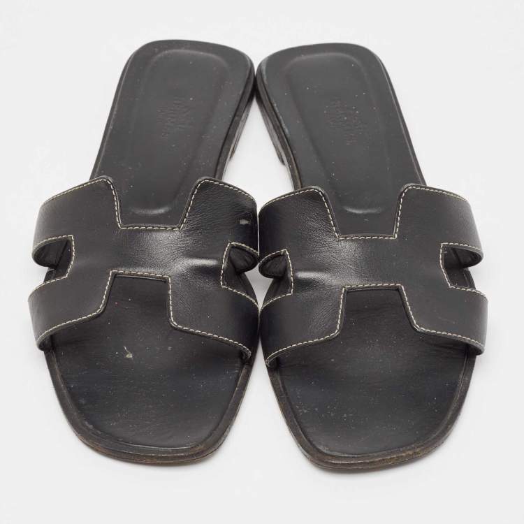 Pre Owned Hermes Black Leather Oran Flat Slides Size 40