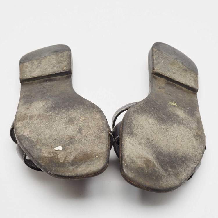 Pre Owned Hermes Black Leather Oran Flat Slides Size 40