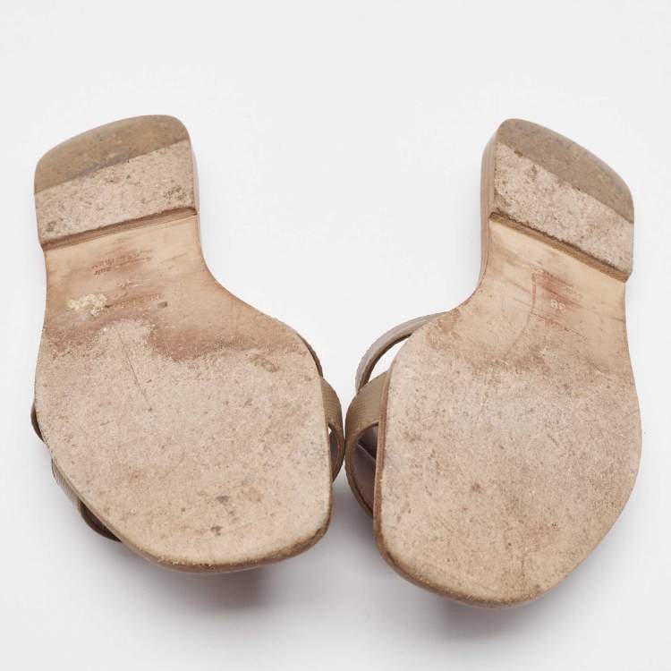 Pre Owned Hermes Brown Leather Oran Flat Slides Size 38