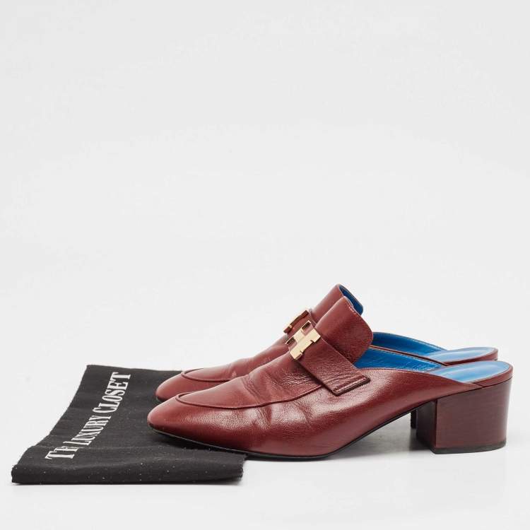 Pre Owned Hermes Burgundy Leather Paradis Block Heel Mule Sandals Size 39