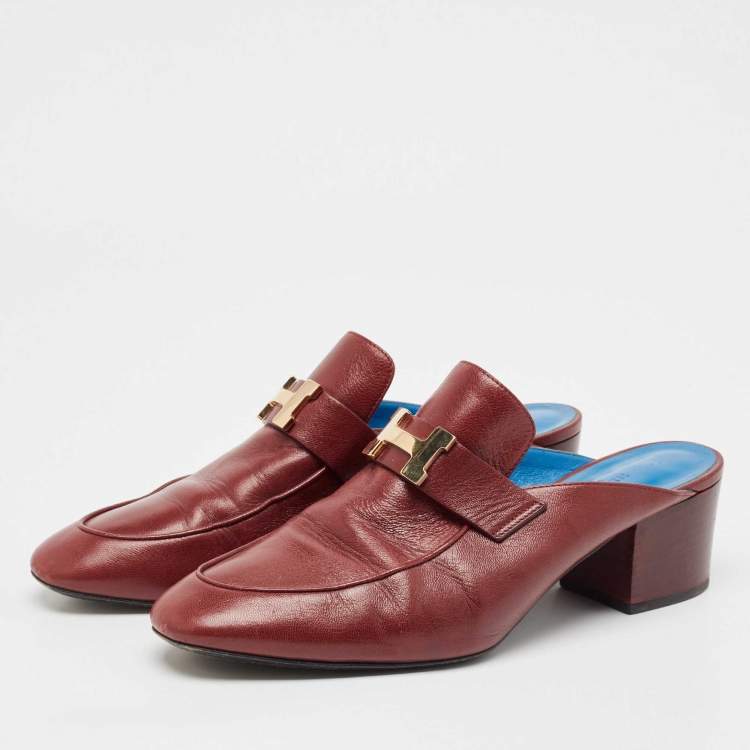 Pre Owned Hermes Burgundy Leather Paradis Block Heel Mule Sandals Size 39