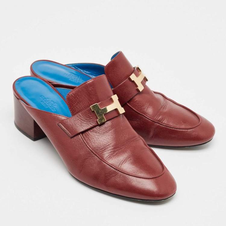Pre Owned Hermes Burgundy Leather Paradis Block Heel Mule Sandals Size 39