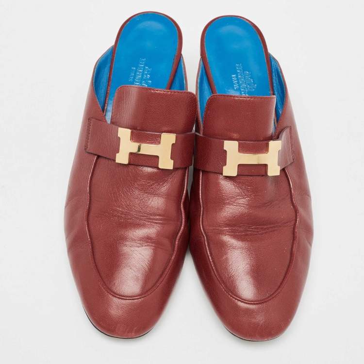 Pre Owned Hermes Burgundy Leather Paradis Block Heel Mule Sandals Size 39