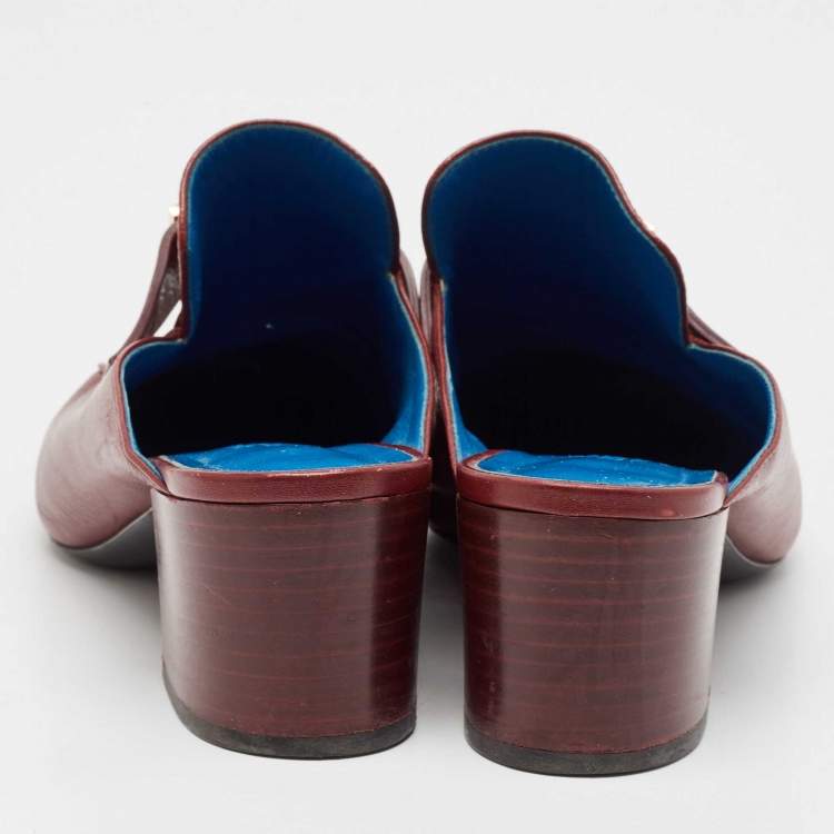 Pre Owned Hermes Burgundy Leather Paradis Block Heel Mule Sandals Size 39