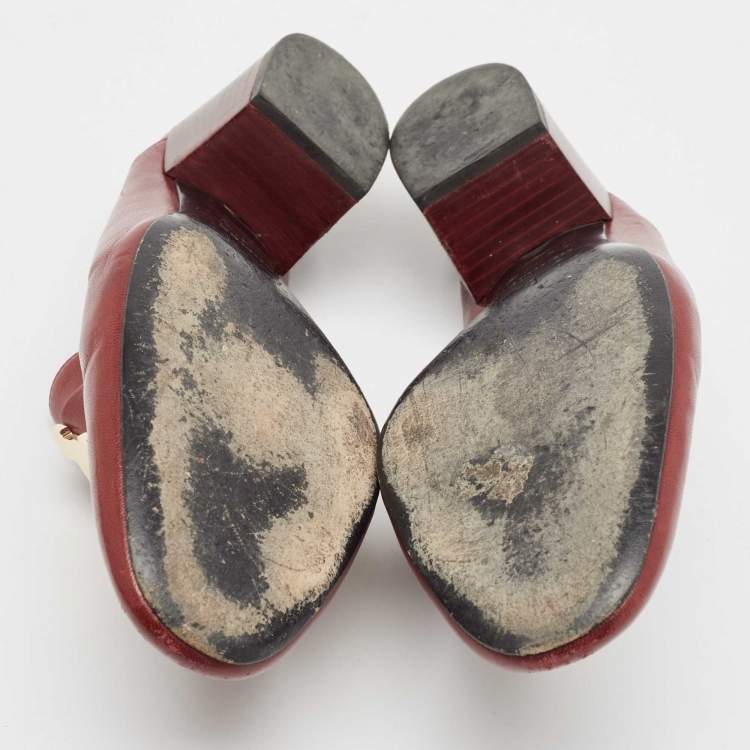 Pre Owned Hermes Burgundy Leather Paradis Block Heel Mule Sandals Size 39