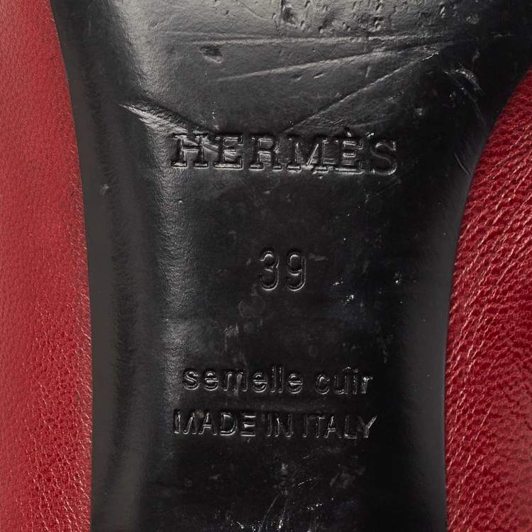Pre Owned Hermes Burgundy Leather Paradis Block Heel Mule Sandals Size 39