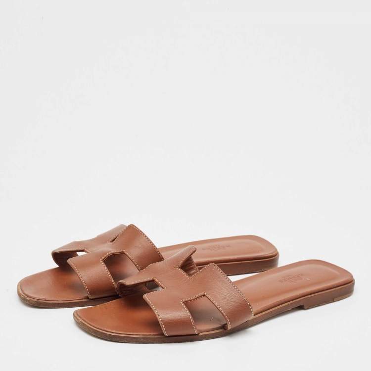 Pre Owned Hermes Brown Leather Oran Flat Slides Size 40 