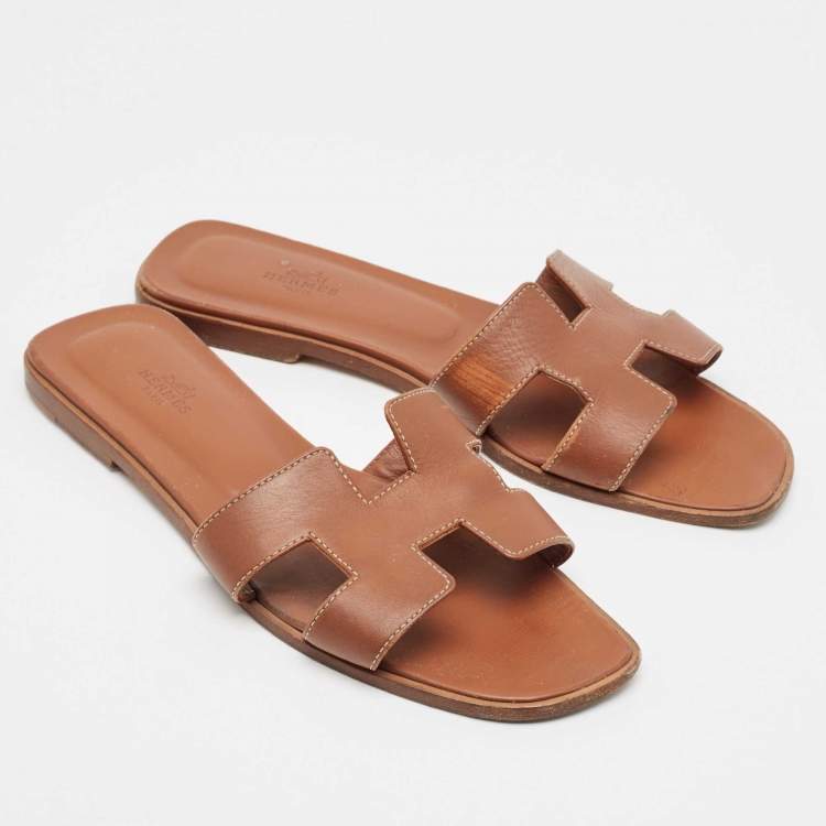 Pre Owned Hermes Brown Leather Oran Flat Slides Size 40 