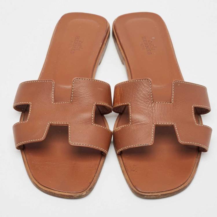 Pre Owned Hermes Brown Leather Oran Flat Slides Size 40 