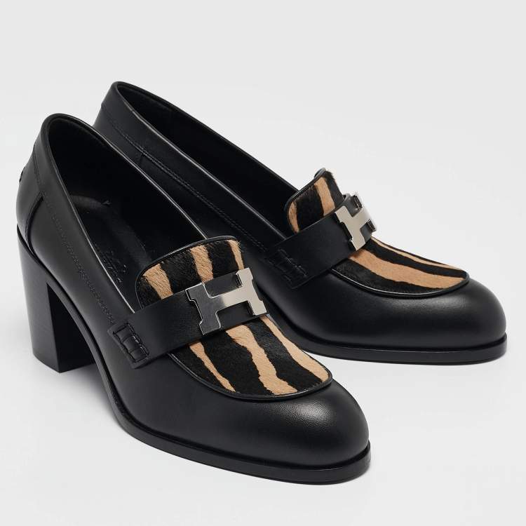 Pre Owned Hermes Black/Beige Calf Hair and Leather Dauphine Loafers Size 38