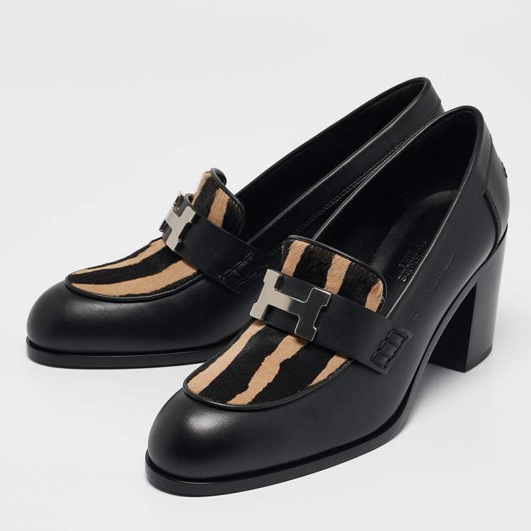 Pre Owned Hermes Black/Beige Calf Hair and Leather Dauphine Loafers Size 38
