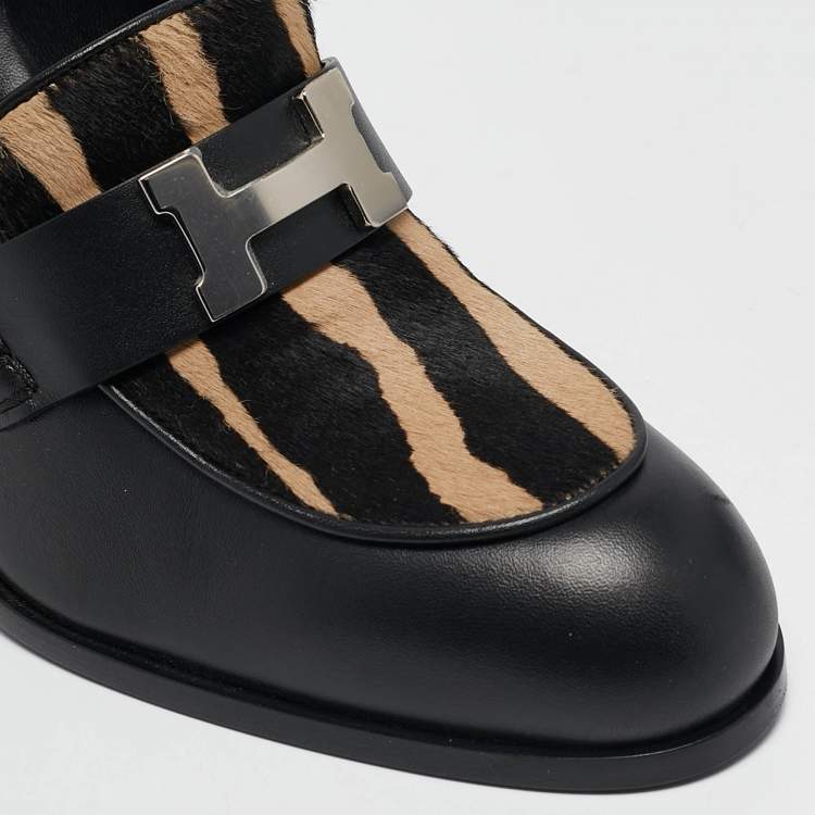 Pre Owned Hermes Black/Beige Calf Hair and Leather Dauphine Loafers Size 38