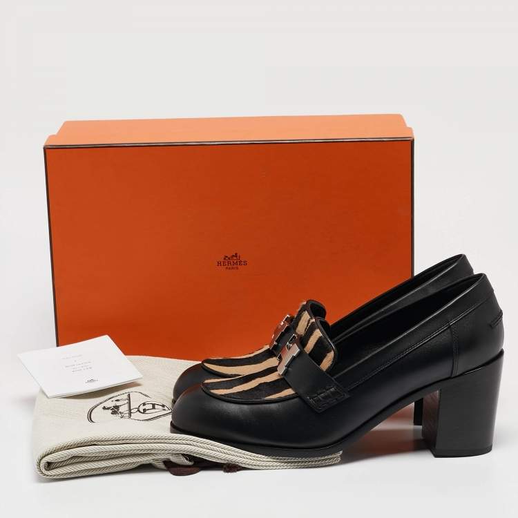 Pre Owned Hermes Black/Beige Calf Hair and Leather Dauphine Loafers Size 38