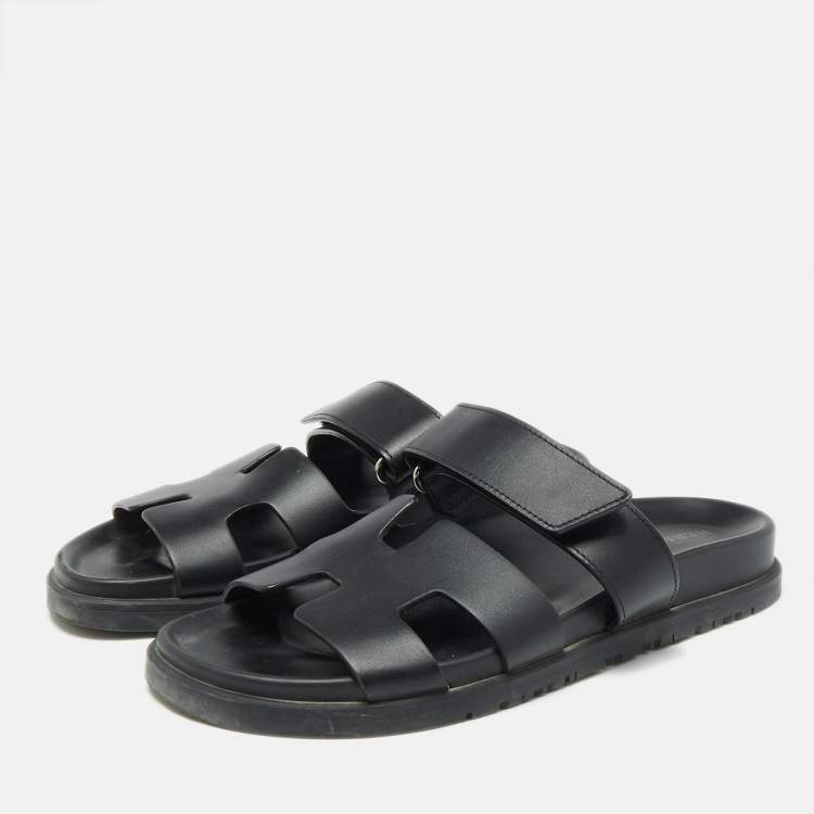 Pre Owned Hermes Black Leather Chypre Sandals Size 36.5
