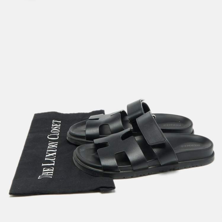 Pre Owned Hermes Black Leather Chypre Sandals Size 36.5