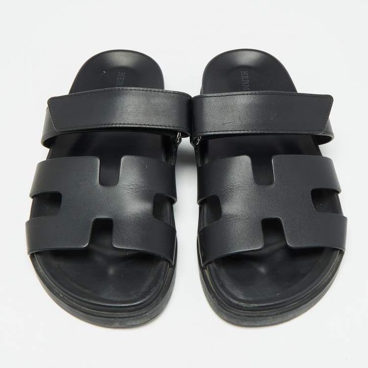 Pre Owned Hermes Black Leather Chypre Sandals Size 36.5