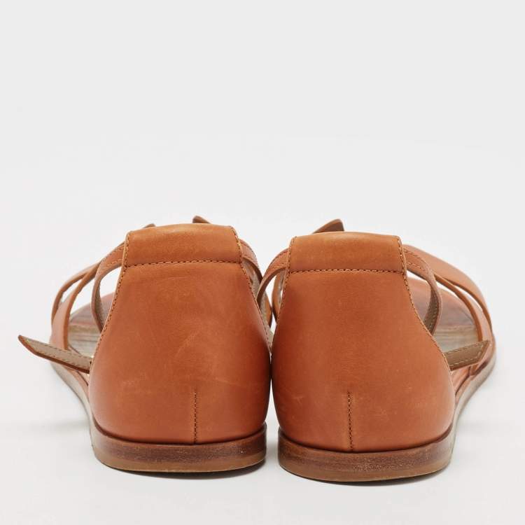 Pre Owned Hermes Brown Leather Santorini Ankle Strap Flat Sandals Size 37