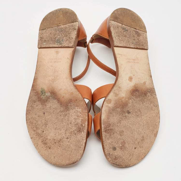 Pre Owned Hermes Brown Leather Santorini Ankle Strap Flat Sandals Size 37