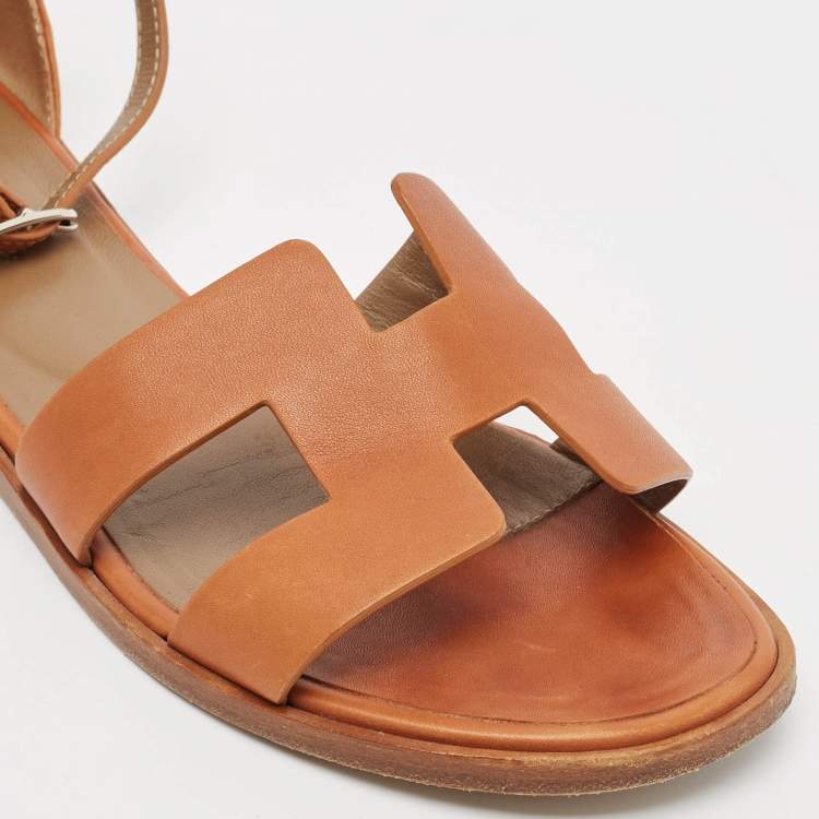 Pre Owned Hermes Brown Leather Santorini Ankle Strap Flat Sandals Size 37