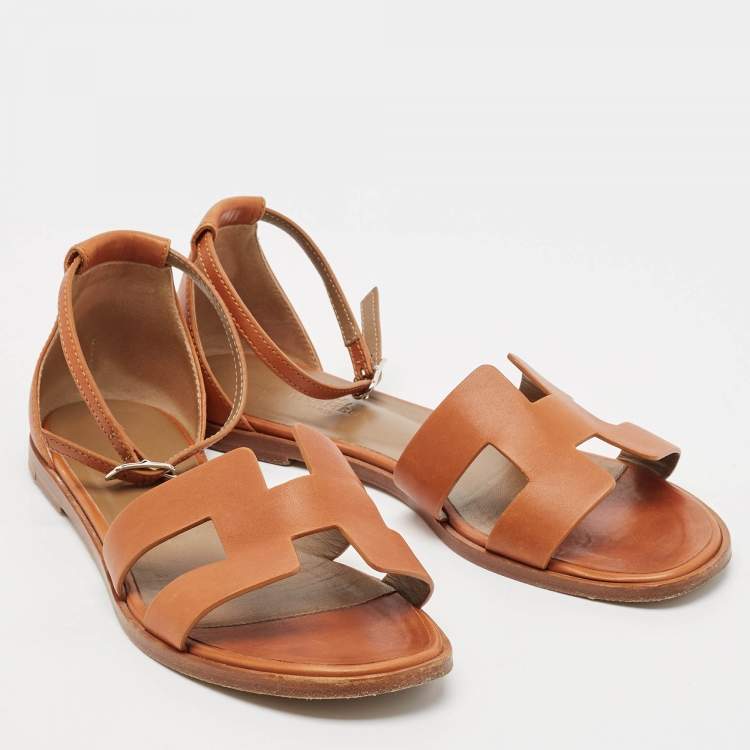 Pre Owned Hermes Brown Leather Santorini Ankle Strap Flat Sandals Size 37