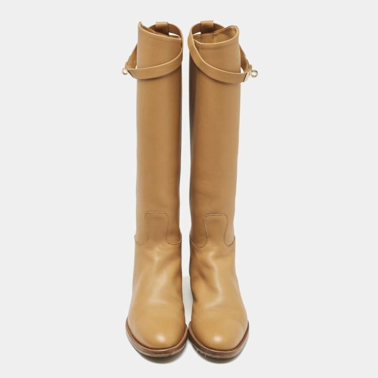 Pre Owned Hermes Tan Leather Kelly Jumping Knee Length Boots Size 38.5