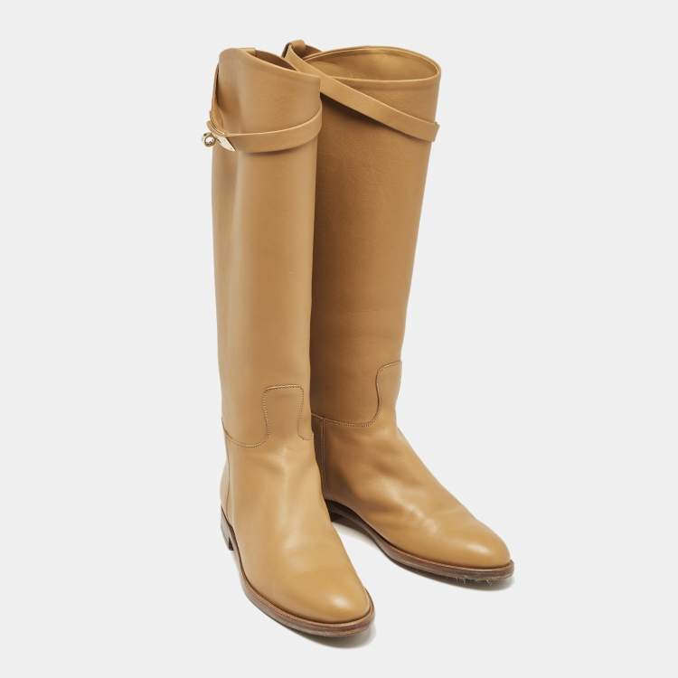 Pre Owned Hermes Tan Leather Kelly Jumping Knee Length Boots Size 38.5