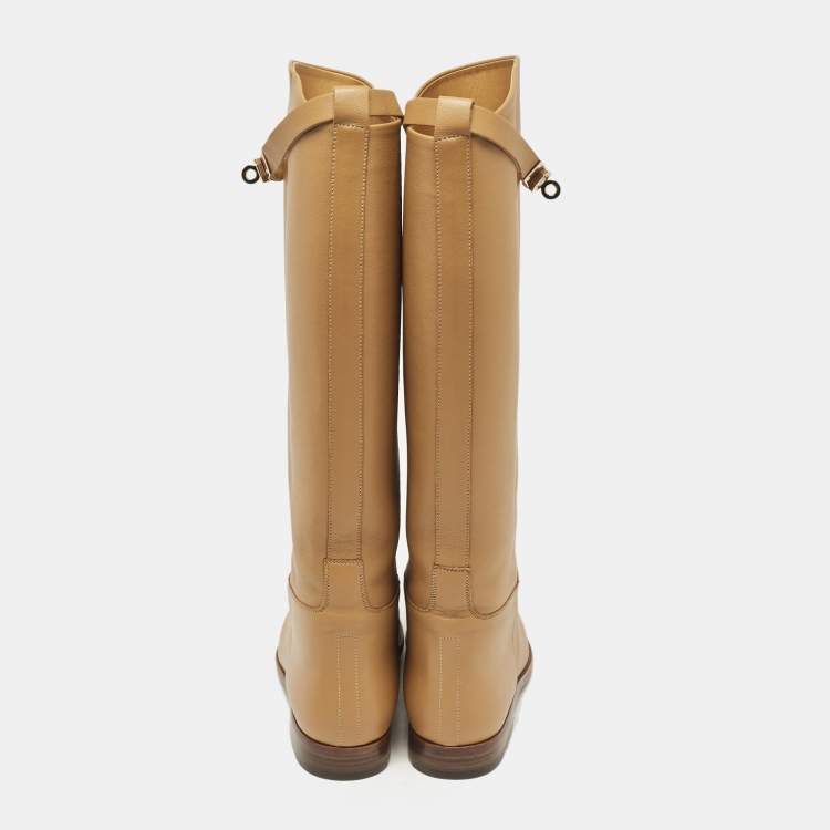 Pre Owned Hermes Tan Leather Kelly Jumping Knee Length Boots Size 38.5