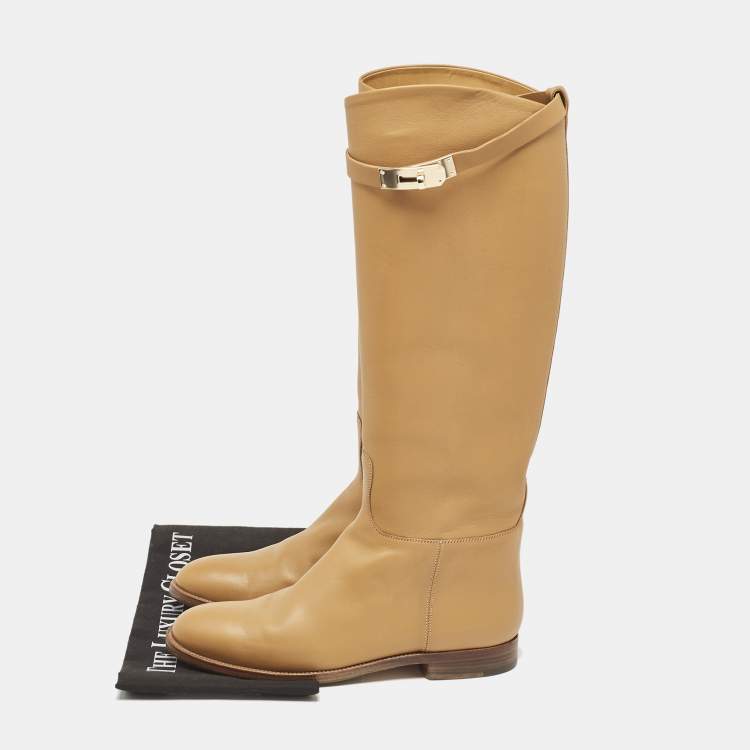 Pre Owned Hermes Tan Leather Kelly Jumping Knee Length Boots Size 38.5
