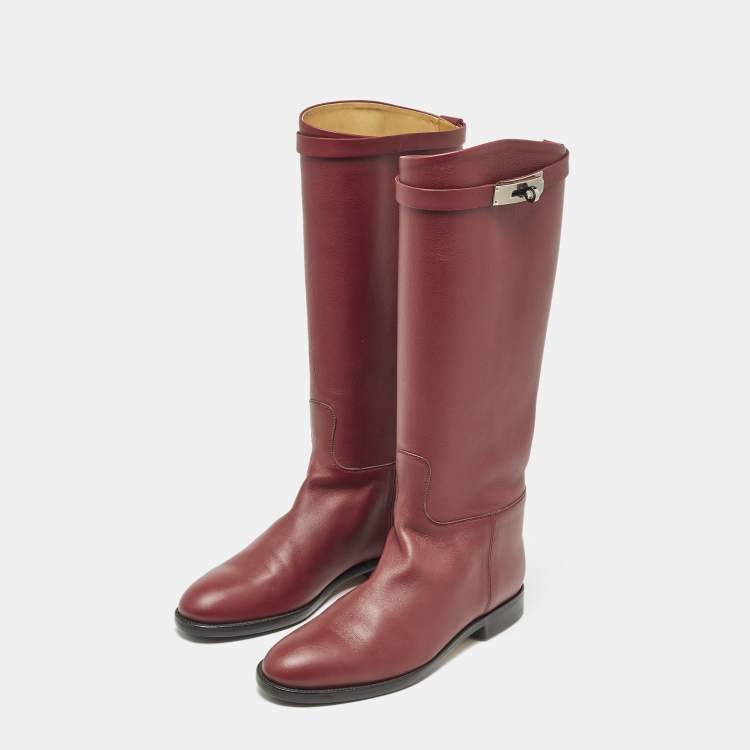 Pre Owned Hermes Burgundy Leather Kelly Jumping Knee Length Boots Size 38.5