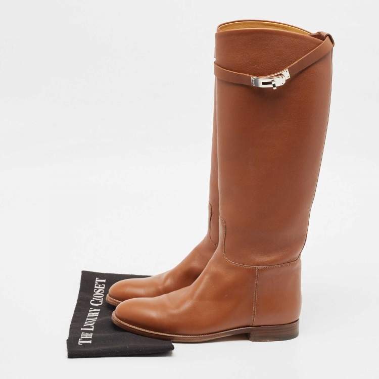 Pre Owned Hermes Brown Leather Kelly Jumping Knee Length Boots Size 39