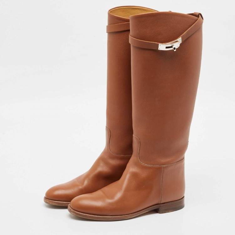 Pre Owned Hermes Brown Leather Kelly Jumping Knee Length Boots Size 39