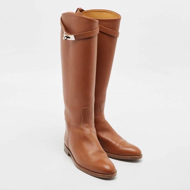 Pre Owned Hermes Brown Leather Kelly Jumping Knee Length Boots Size 39